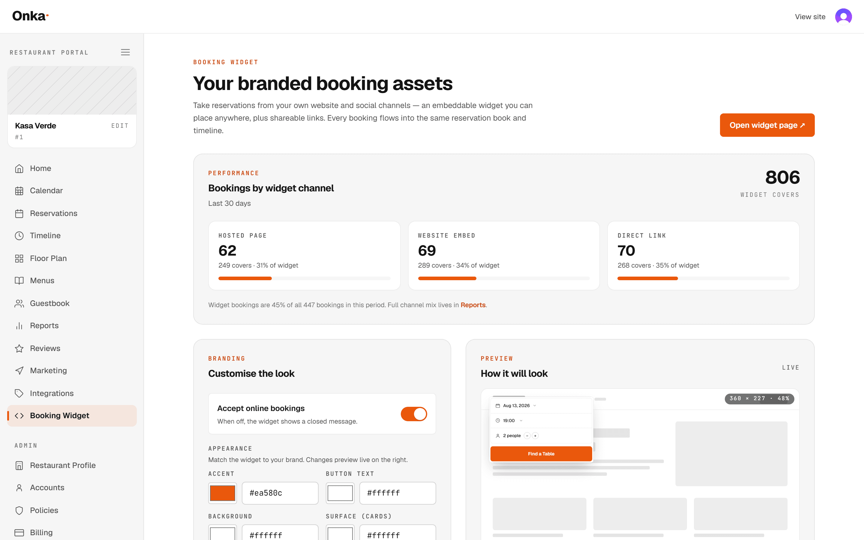 The Onka booking widget screen, showing bookings broken down by hosted page, website embed and direct link, alongside branding controls and a live preview.