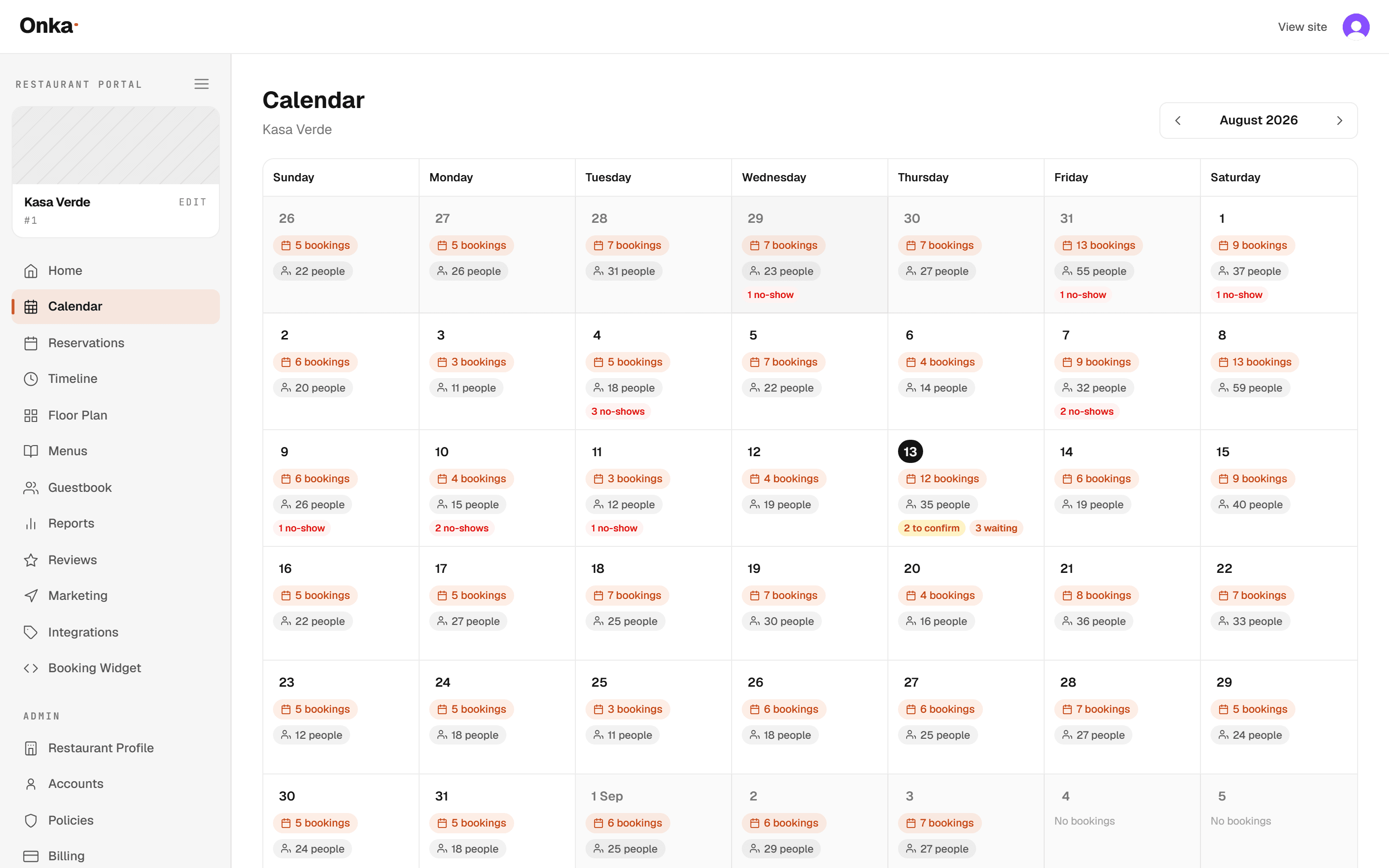 The Onka calendar showing a full month, each day listing its booking count, number of people, and any no-shows or bookings still to confirm.