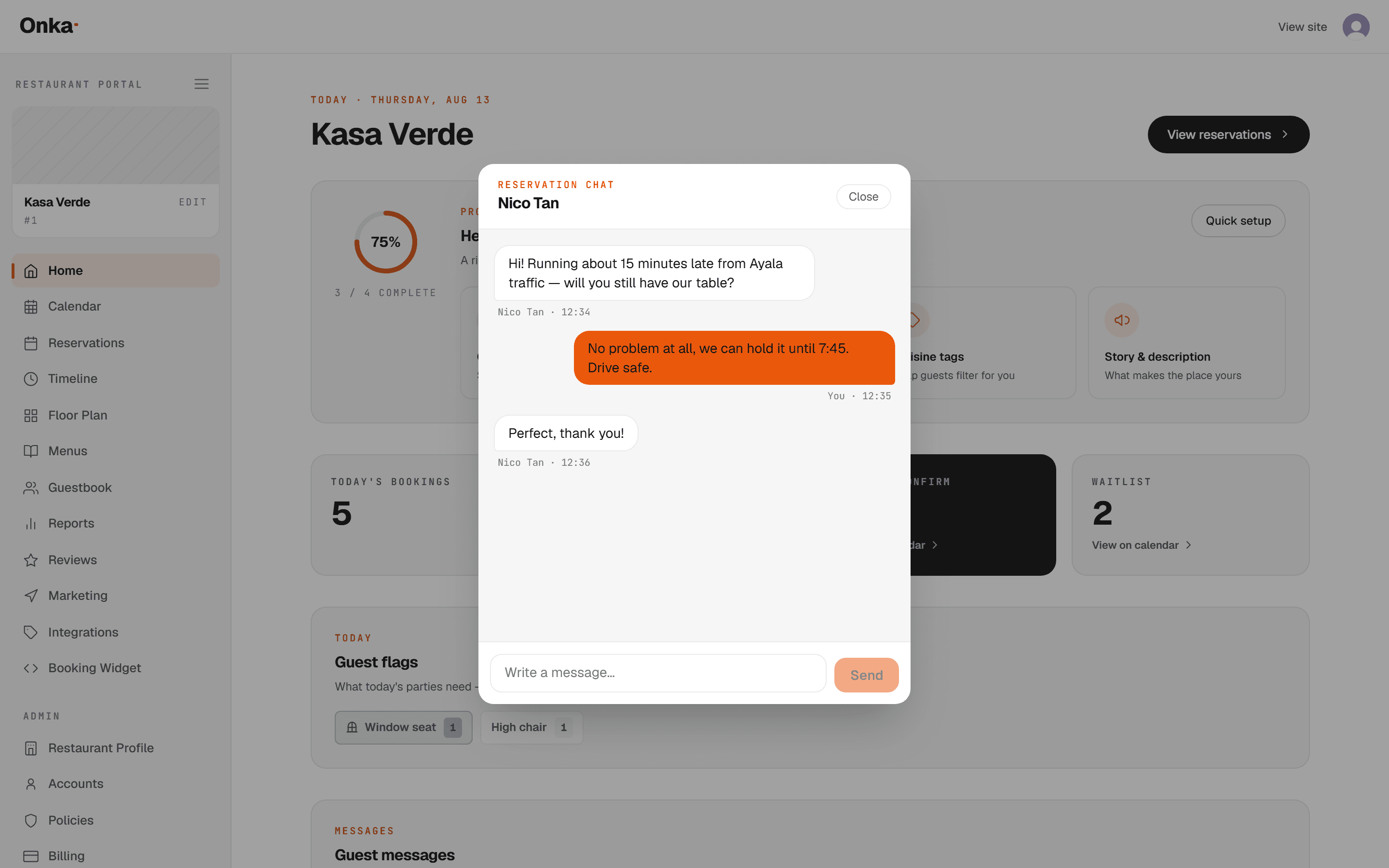 An Onka reservation chat open over the dashboard, showing a guest saying they are running late and the restaurant replying that the table will be held.