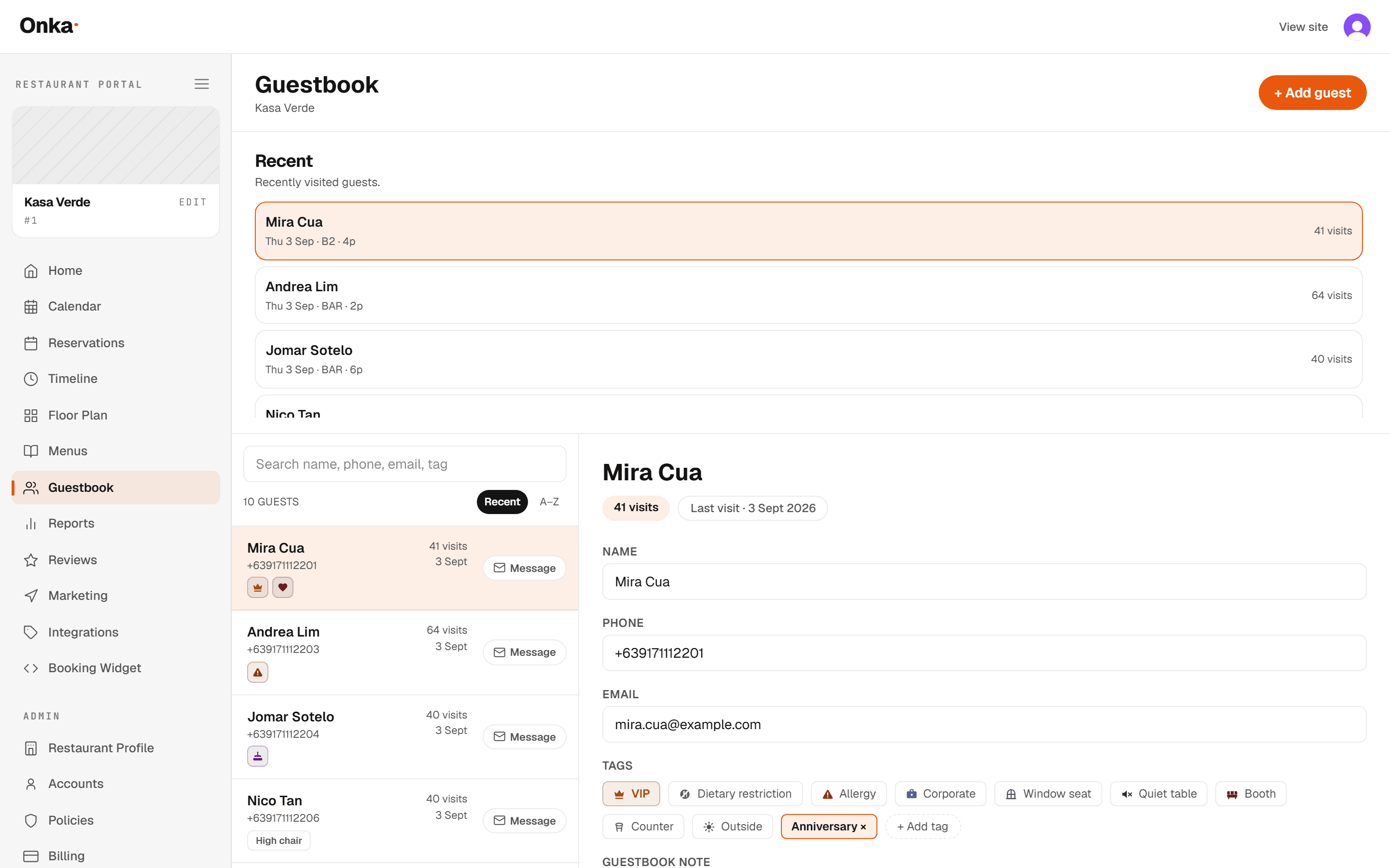 The Onka guestbook: a searchable guest list with tag icons and visit counts, next to an open guest record showing contact details, tags and notes.