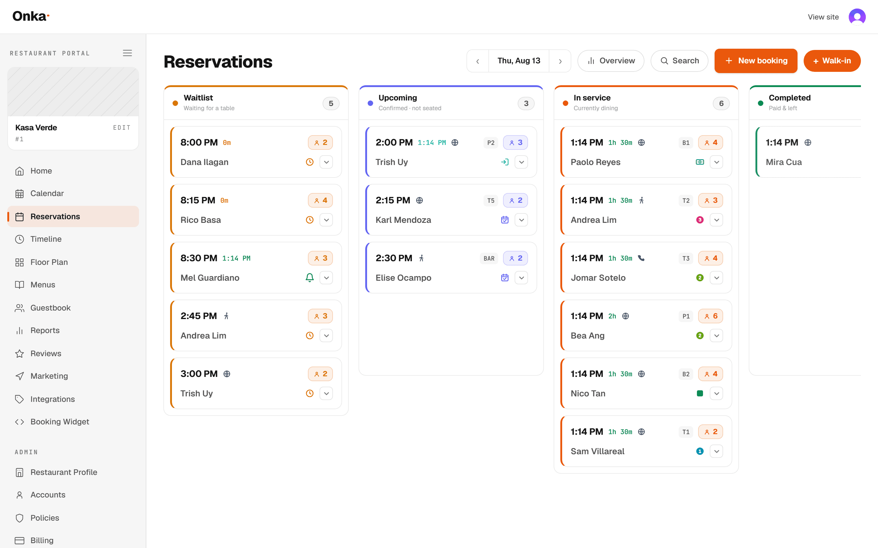 The Onka reservations board, with parties sorted into Waitlist, Upcoming, In service and Completed columns, each card showing the time, party size, table and status.