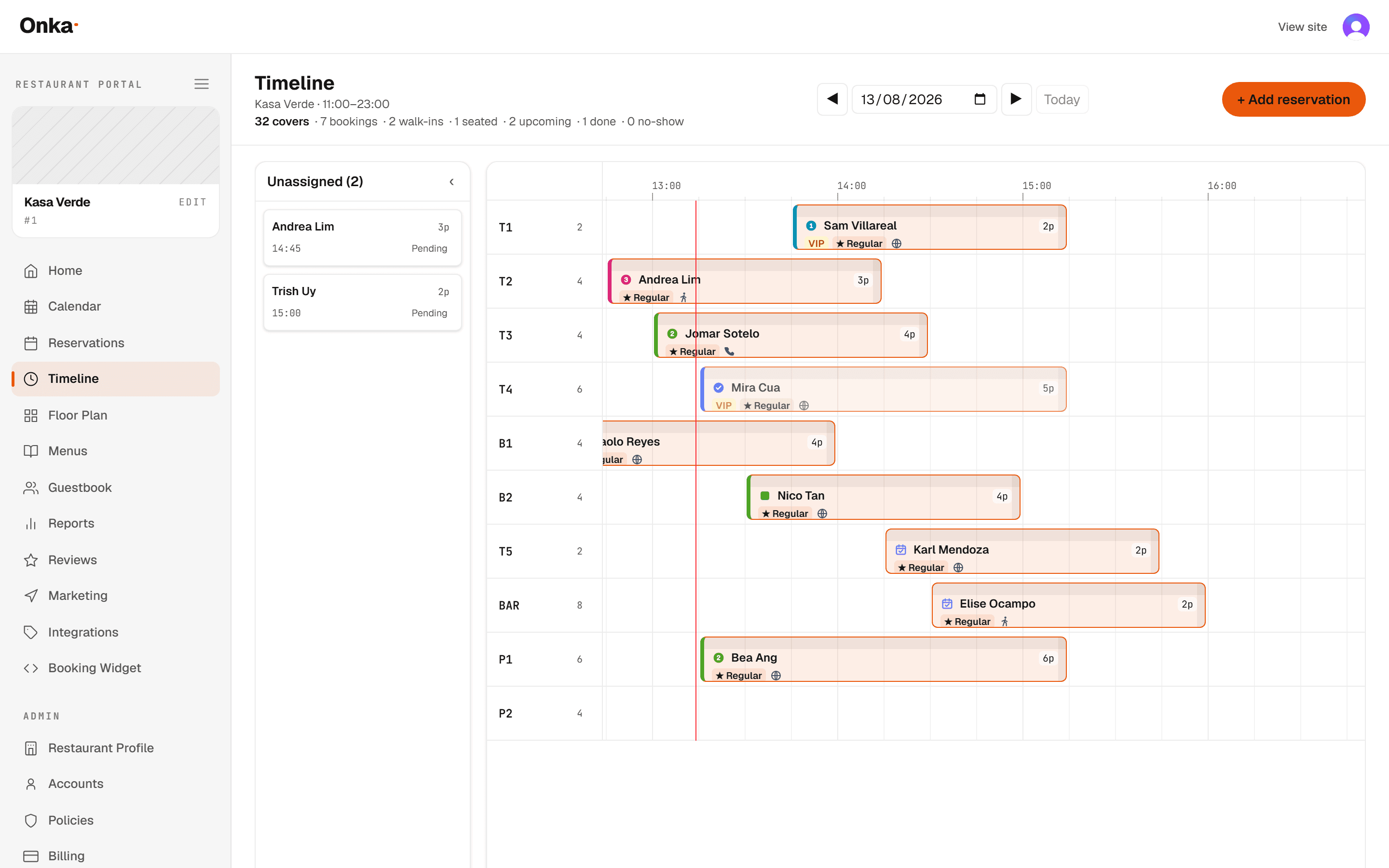 The Onka service timeline: a grid of tables down the left and time across the top, with coloured reservation blocks, a red now-line, and an unassigned parties rail.